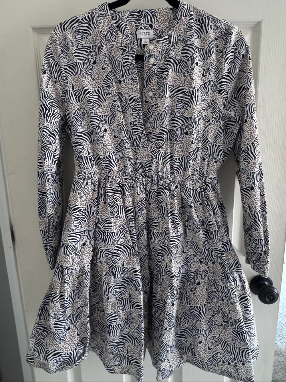 J. Crew Black and White Animal-Print Long-Sleeve Mini Dress